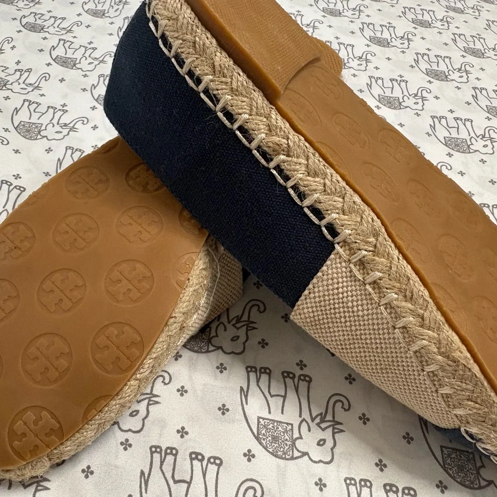 Tory Burch Beige Canvas Espadrilles with Navy Trim and Logo Insole